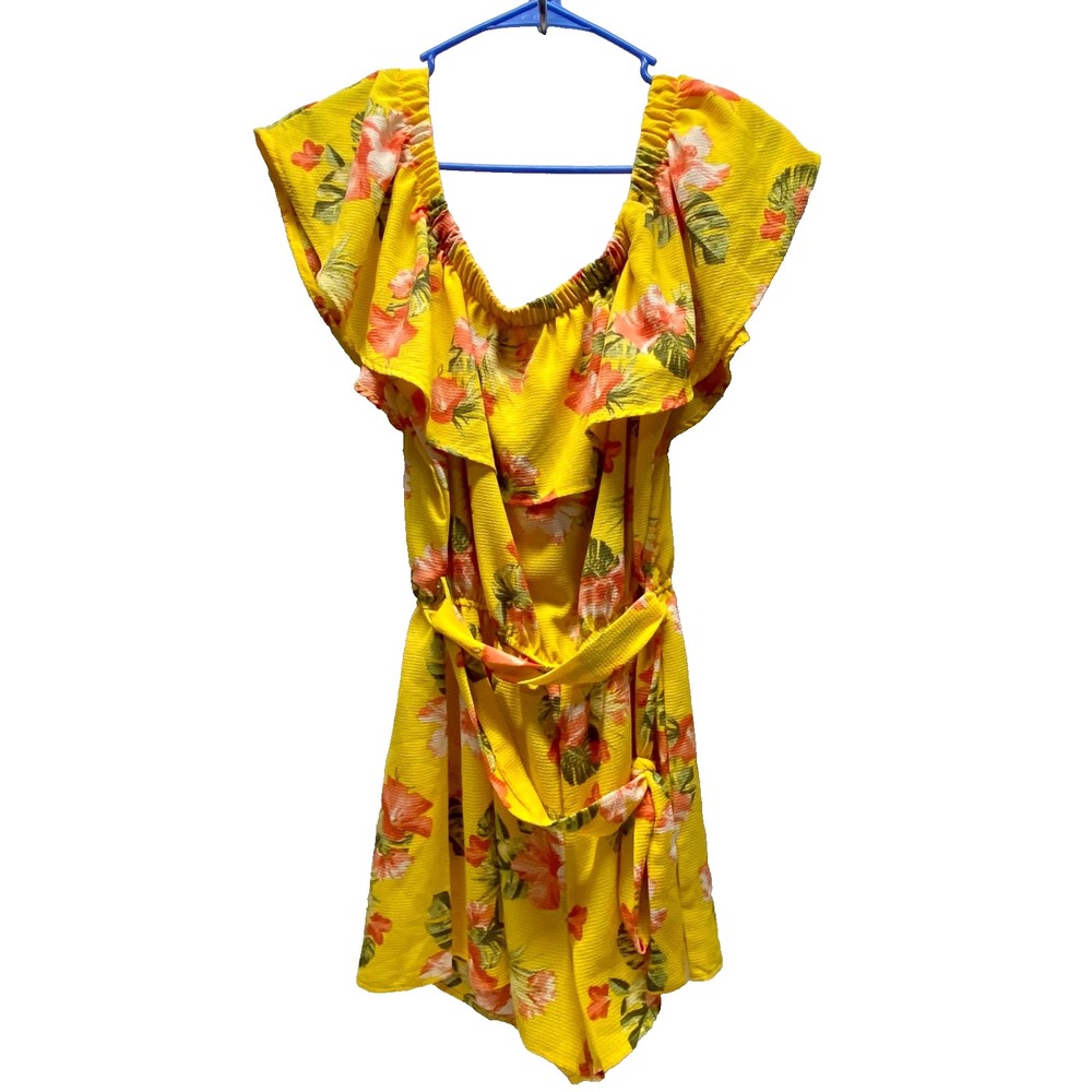 Rue 21 Floral Romper Women's Large Yellow Pink Ruffle Neck Off Shoulder NWOT